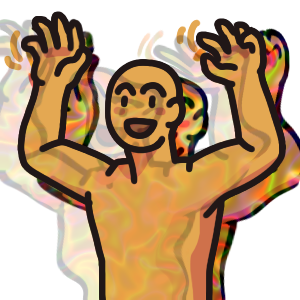 a figure from the waist up, raising their arms above their head and wiggling their fingers. They are an avatar of the Spiral. Behind and in front of their body is colorful, distorted versions of them, overlapping and intersecting with them.